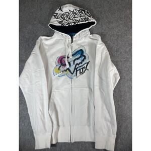 VINTAGE Fox Hoodie Mens XL White Full Zip Graphic Sweatshirt Streetwear Y2K